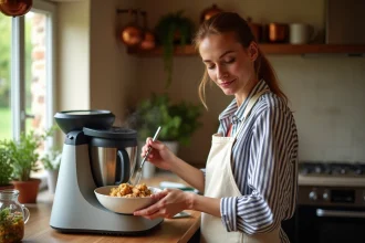 Femme préparant une blanquette de veau rapide dans un Thermomix dans une cuisine rustique française