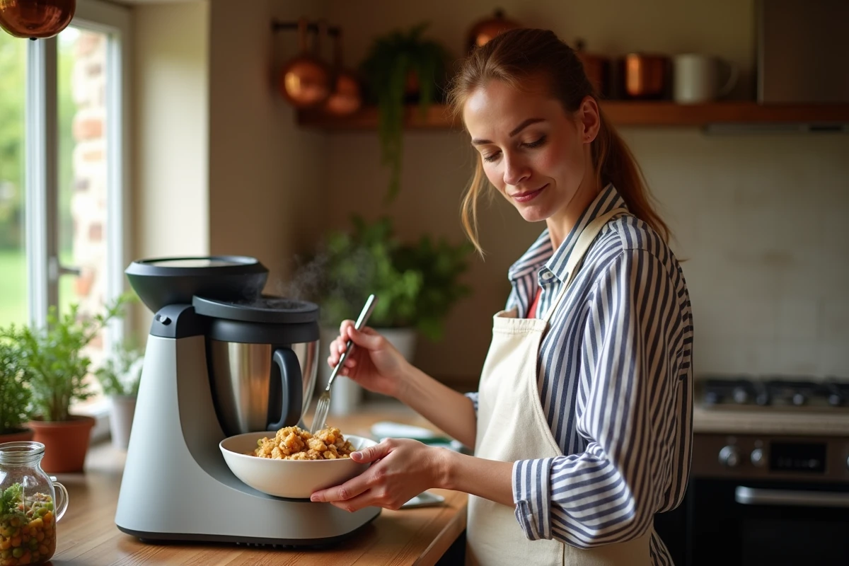 Femme préparant une blanquette de veau rapide dans un Thermomix dans une cuisine rustique française