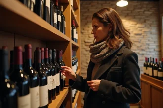Femme dans une boutique de vin à Bordeaux en train de choisir une bouteille