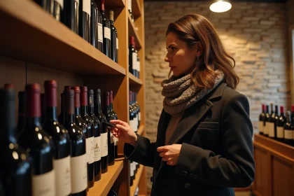 Femme dans une boutique de vin à Bordeaux en train de choisir une bouteille