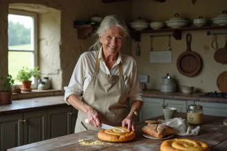 Femme bretonne coupant un quatrequarts doré dans une ferme ancienne