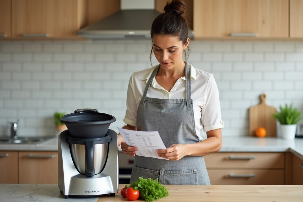 Femme comparant les prix du Thermomix dans une cuisine moderne avec un document imprimé sur le comptoir