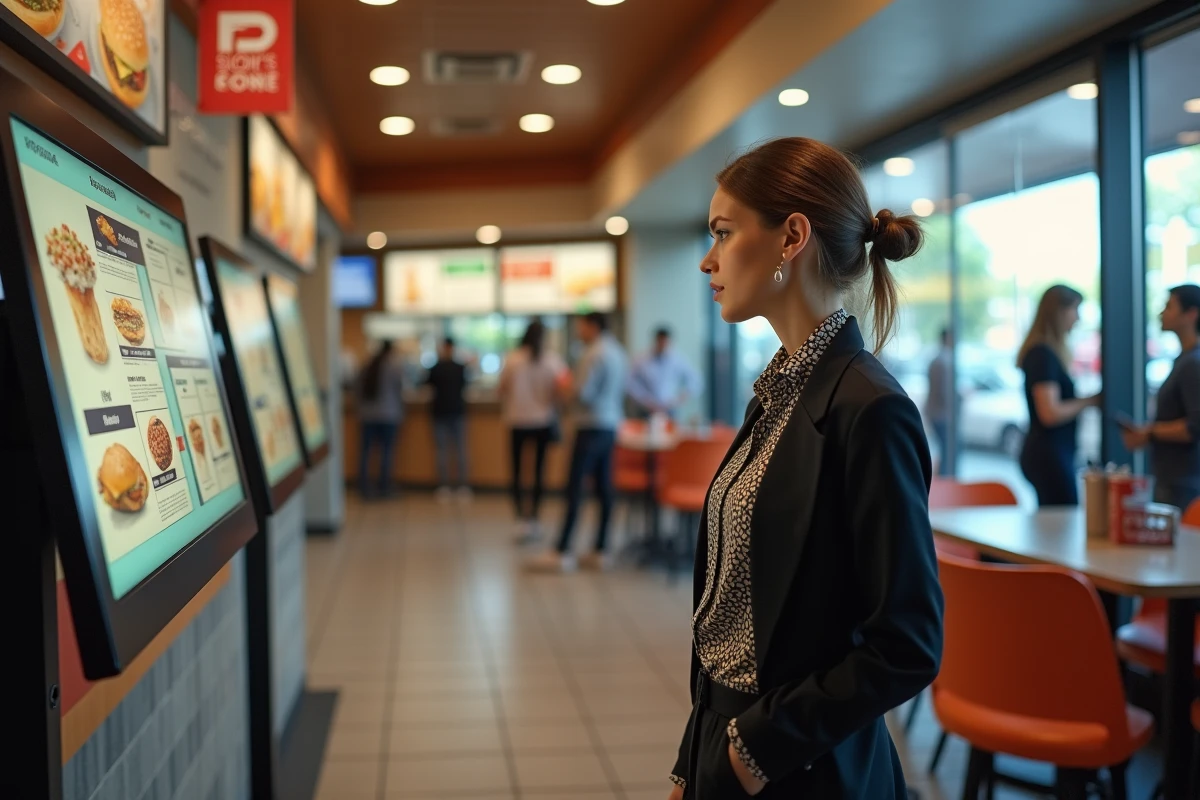 Femme regardant le menu au kiosk dans un fastfood