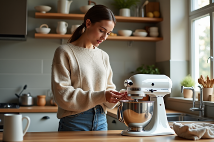 Jeune femme examine appareils de cuisine dans une cuisine chaleureuse