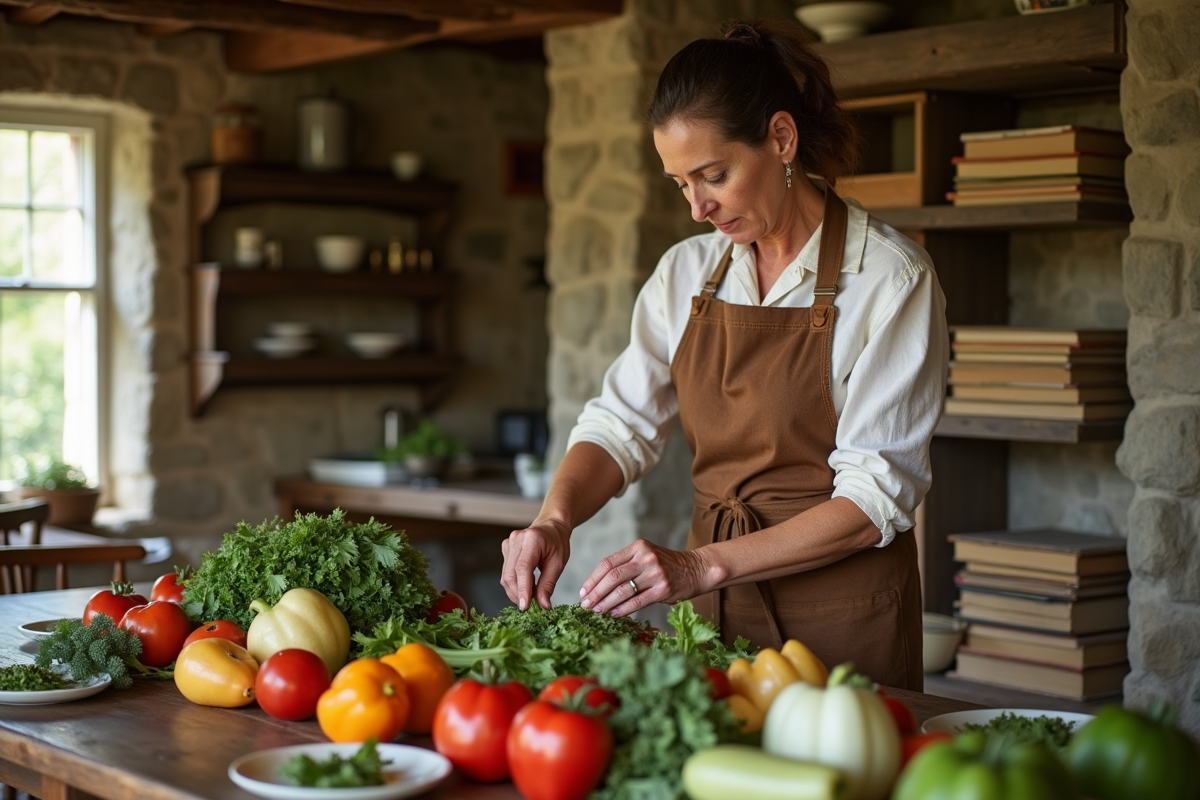 Femme préparant légumes dans salle à manger lumineuse
