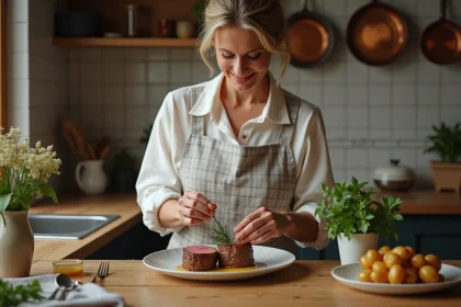 Femme française préparant un filet mignon dans la cuisine