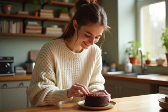 Jeune femme souriante préparant un gâteau au chocolat dans la cuisine
