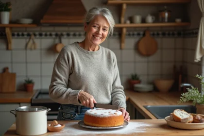 Femme en cuisine préparant un gâteau marron chaud