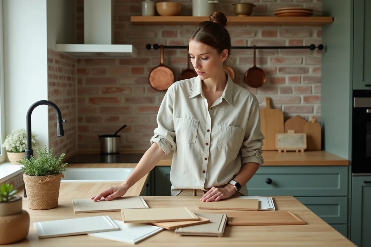 Femme comparant des échantillons de façades pour une cuisine en L Ikea dans une maison au style scandinave