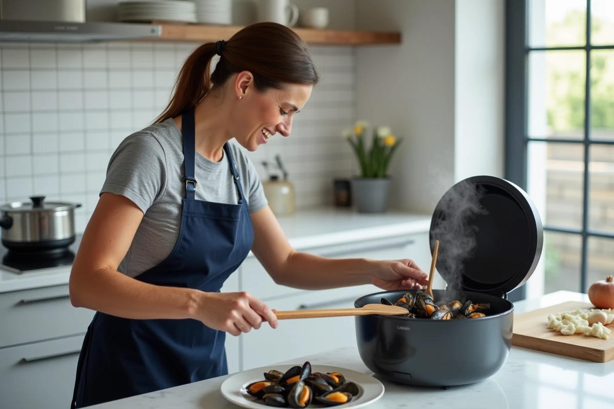 Femme cuisinant des moules marinières dans un Cookeo ouvert sur un plan de travail de cuisine moderne, recette facile pour débutant