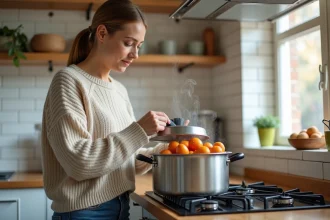 Femme vérifiant des patates douces dans une casserole moderne