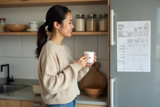Jeune femme dans la cuisine consulte un tableau de riz