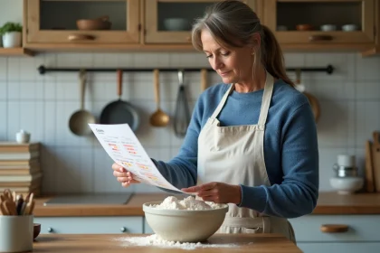 Femme en cuisine préparant de la farine avec un tableau de conversion