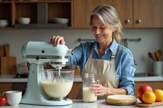 Femme versant la pate de crepe avec un robot mixeur dans une cuisine moderne