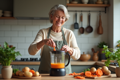 Femme préparant une soupe maison dans une cuisine chaleureuse