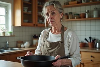 Femme examinant une poele en fonte dans une cuisine lumineuse