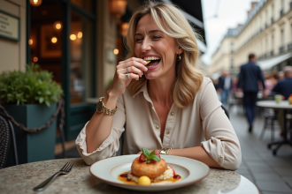 Femme dégustant un plat gourmet dans un café parisien