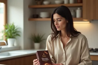 Femme inspectant une boîte de chocolat Dubaï dans une cuisine moderne, comparant les prix et les promotions disponibles