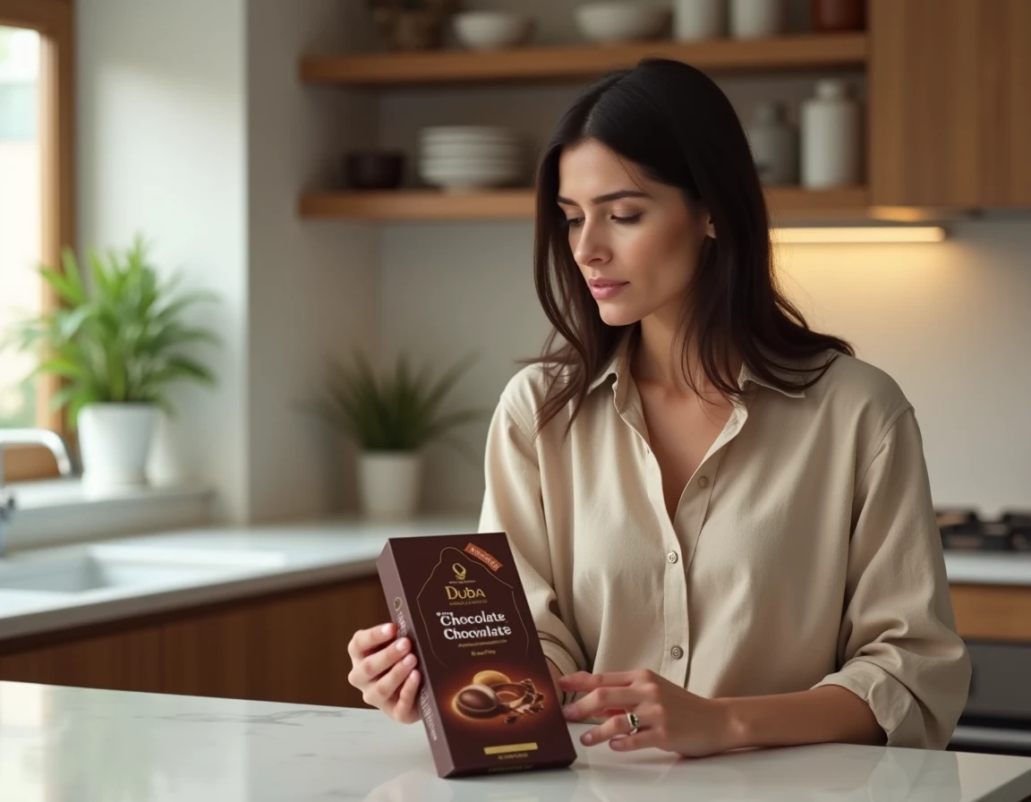 Femme inspectant une boîte de chocolat Dubaï dans une cuisine moderne, comparant les prix et les promotions disponibles