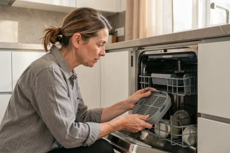 Femme inspectant le filtre de son lave-vaisselle Valberg ouvert dans une cuisine moderne