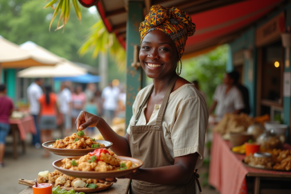 Femme jamaicaine souriante servant jerk et pain festival