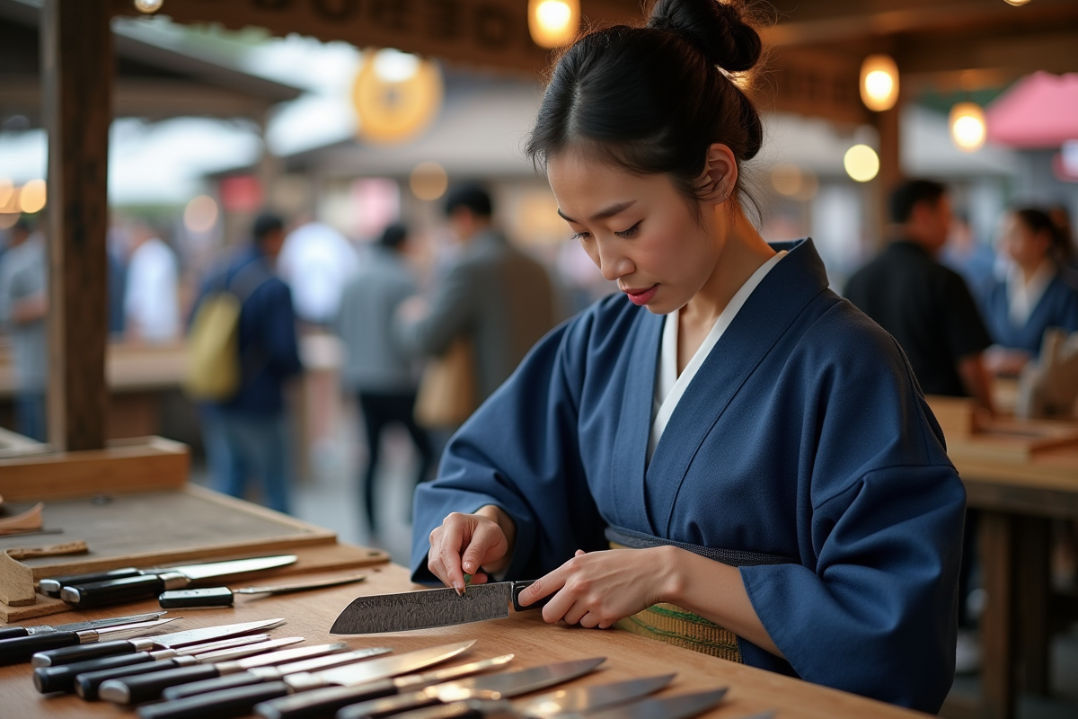 Jeune femme japonaise montrant un couteau de cuisine