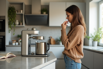 Femme examine un nouvel appareil de cuisine dans une cuisine moderne