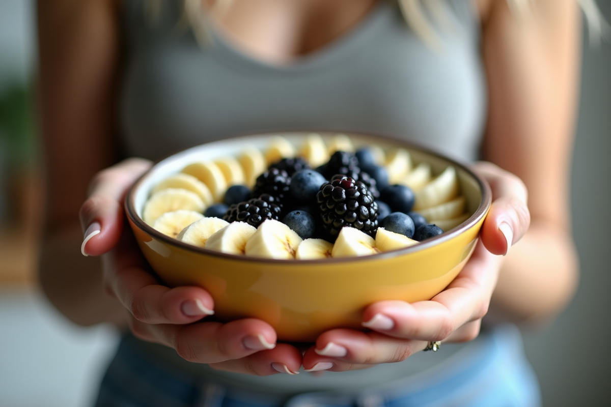 Femme tenant un bol avec des fruits B dans un intérieur lumineux