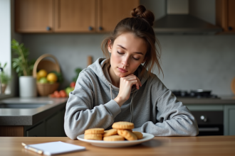 Jeune femme en cuisine examine biscuits avec notepad