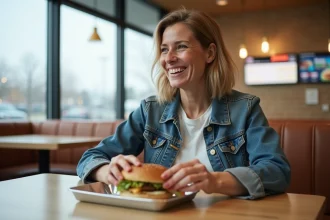 Femme souriante dans un restaurant rapide en train d'ouvrir un burger