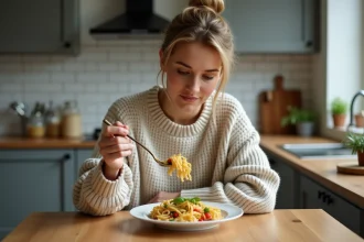 Femme dans sa cuisine dégustant des pâtes complètes avec légumes