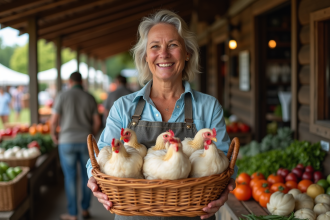 Femme en marché avec panier de poulets frais