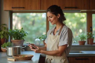Femme utilisant un minuteur cuisson en ligne sur tablette dans une cuisine moderne en bois