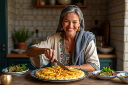 Femme marocaine en caftan dégustant une pastilla dorée