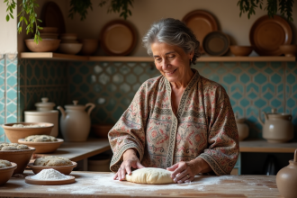 Femme marocaine façonnant du batbout farci dans une cuisine