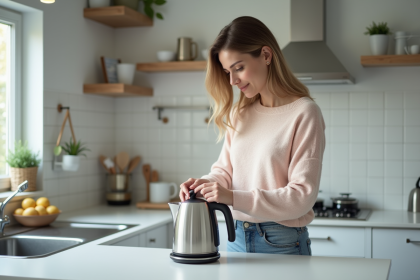 Femme nettoyant un kettle en inox dans une cuisine moderne