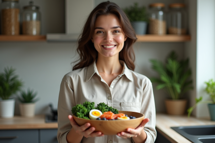 Jeune femme souriante avec bol de nourriture saine en cuisine
