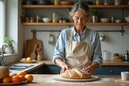 Femme façonnant une baguette dans une cuisine lumineuse