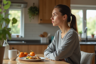 Femme en réflexion dans sa cuisine au matin