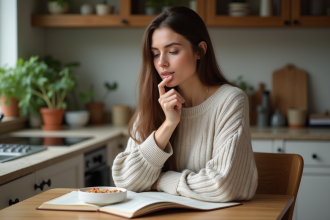 Jeune femme regarde son bol de porridge keto dans la cuisine chaleureuse