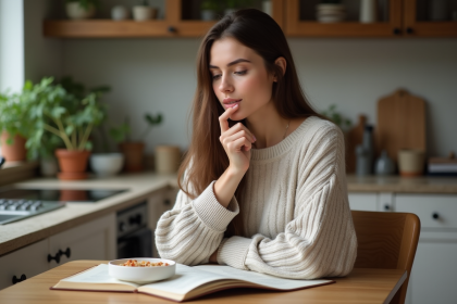 Jeune femme regarde son bol de porridge keto dans la cuisine chaleureuse