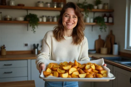 Femme souriante plaçant des pommes de terre croustillantes sur la table