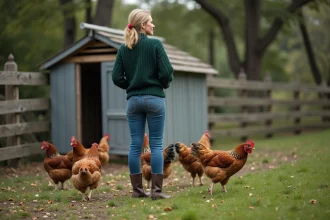 Femme contemplant un poulailler en plein air avec poules
