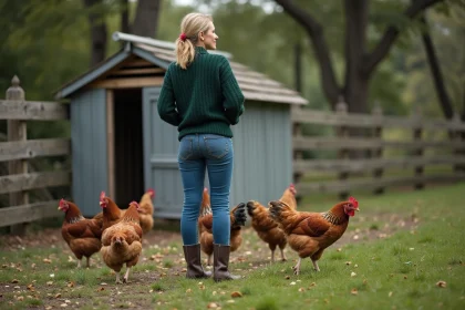 Femme contemplant un poulailler en plein air avec poules