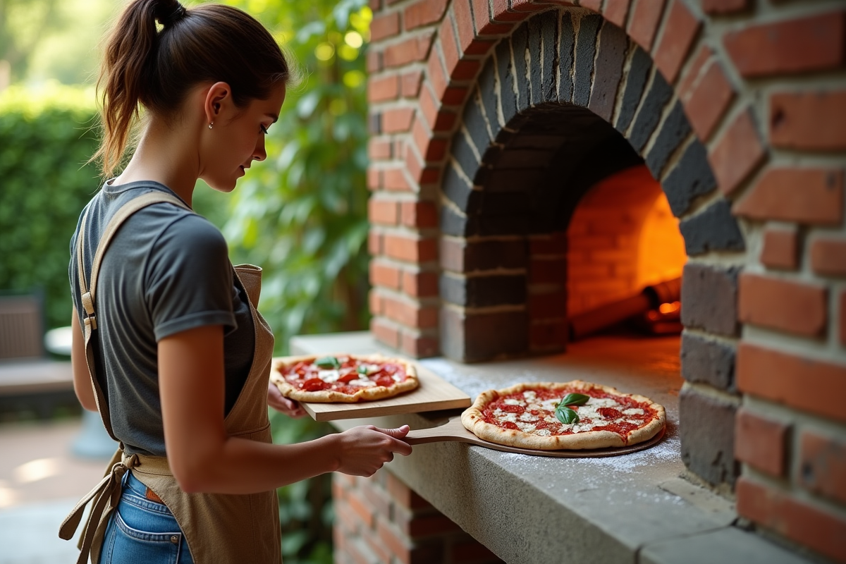 Femme inspectant une pizza dans un four extérieur