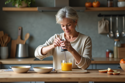 Femme préparant une soupe avec un mixeur traditionnel dans la cuisine