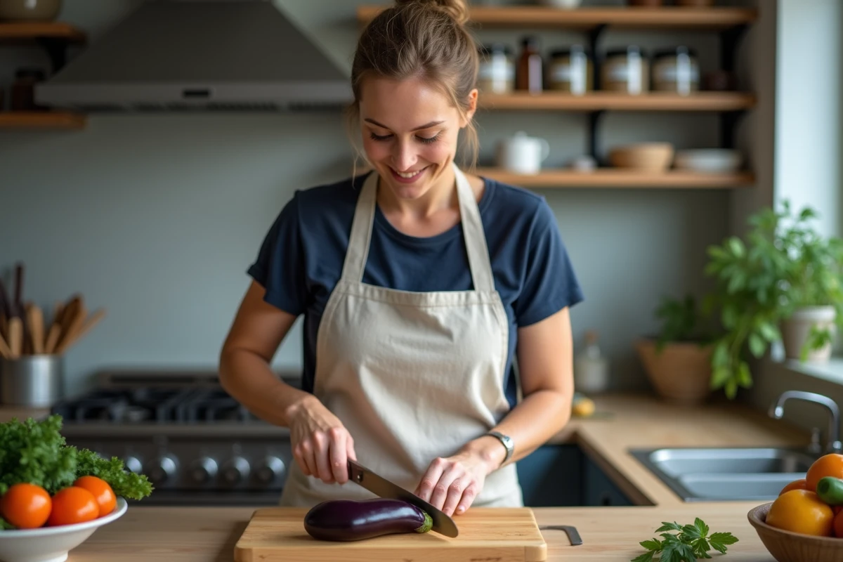 Femme en tablier de lin préparant des aubergines fraîches sur une planche à découper dans une cuisine moderne