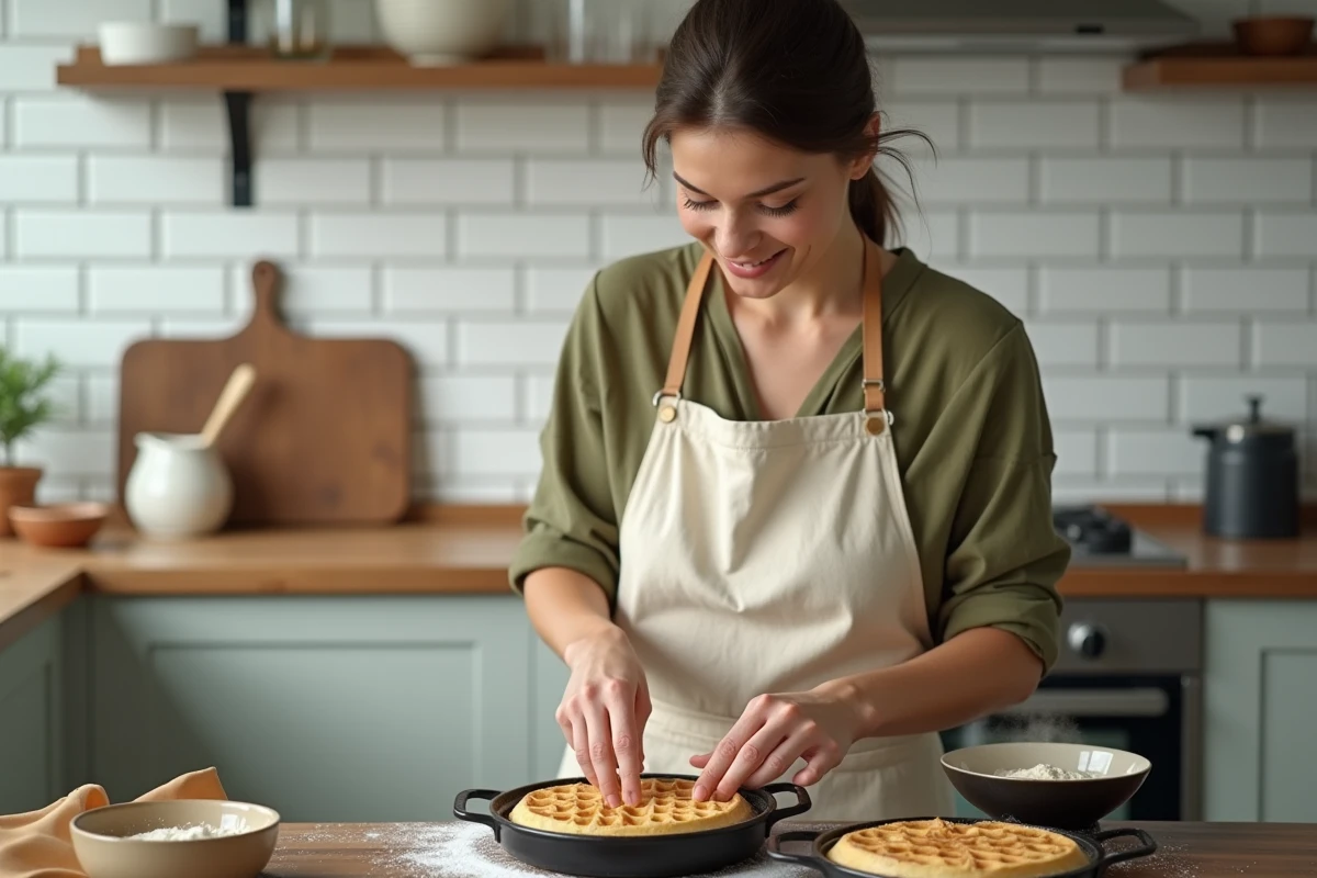Femme retirant une gaufre vegan du gaufrier en fonte dans une cuisine moderne avec tablier en lin