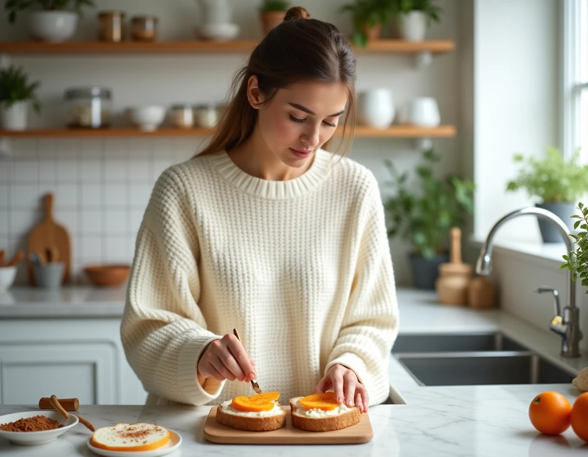 Femme préparant des toasts au kaki et ricotta dans une cuisine scandinave moderne