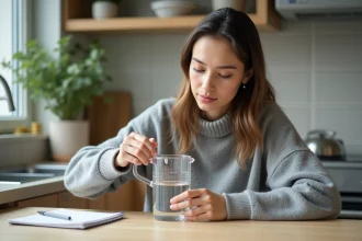 Jeune femme verse de l'eau dans un verre à la maison